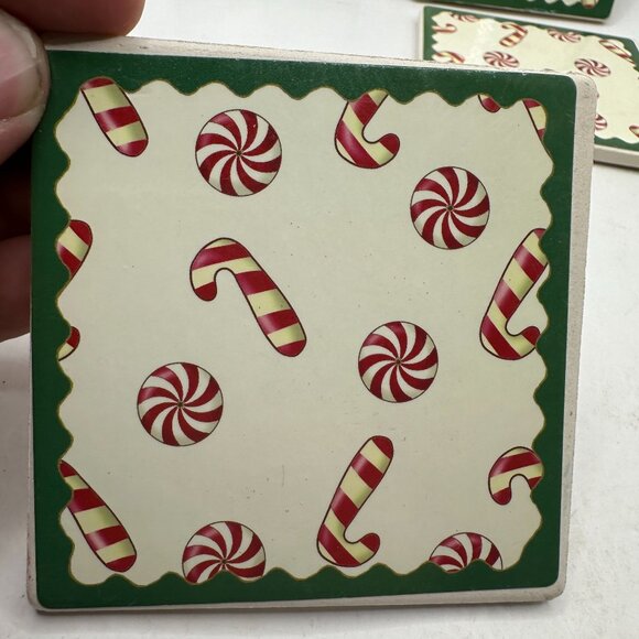 Set Of 4 Vintage Ceramic Tile Coasters With Candy Cane & Peppermint Design - Picture 2 of 4